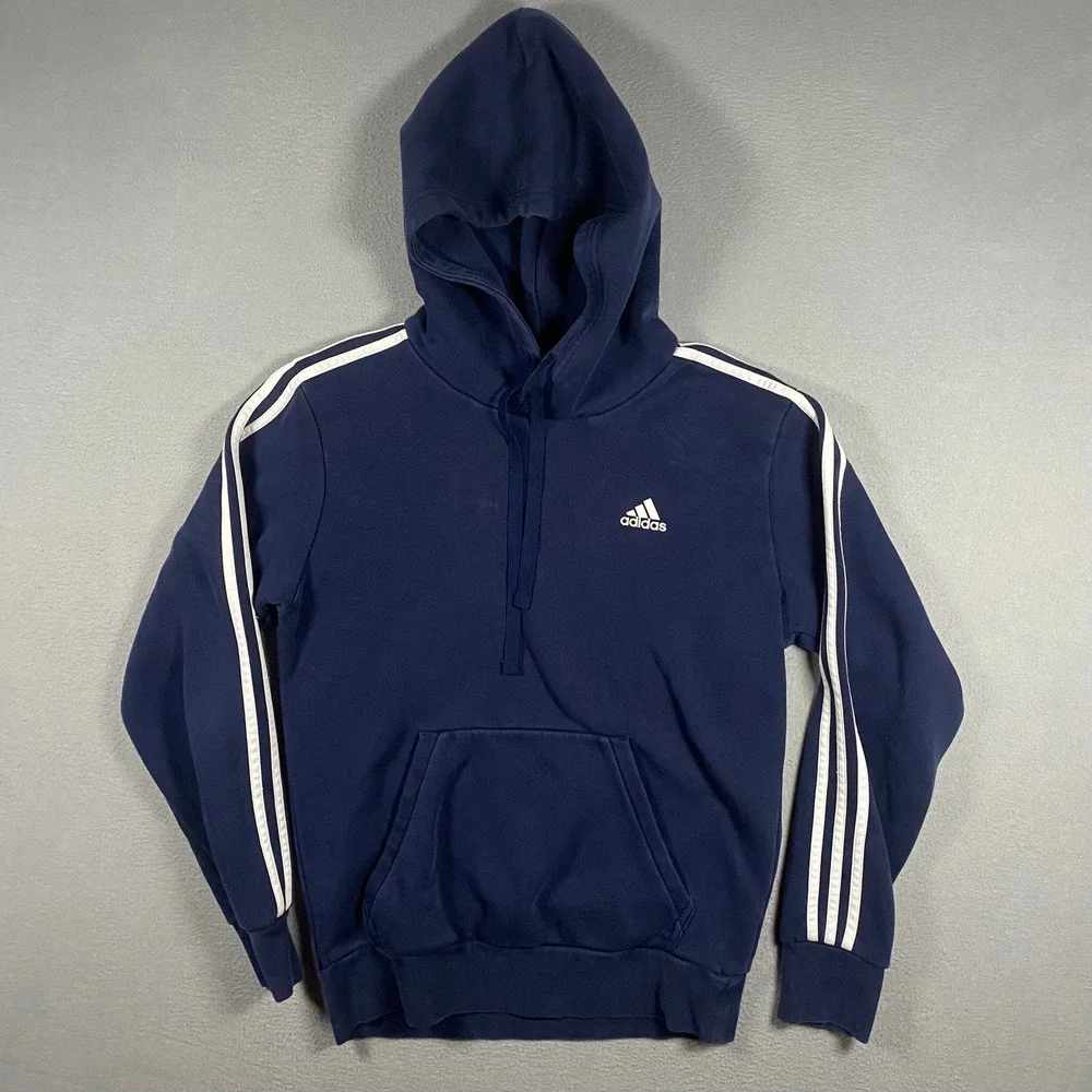 Adidas Hoodie Mens Small Navy Blue 3-Stripe Fleece Pullover